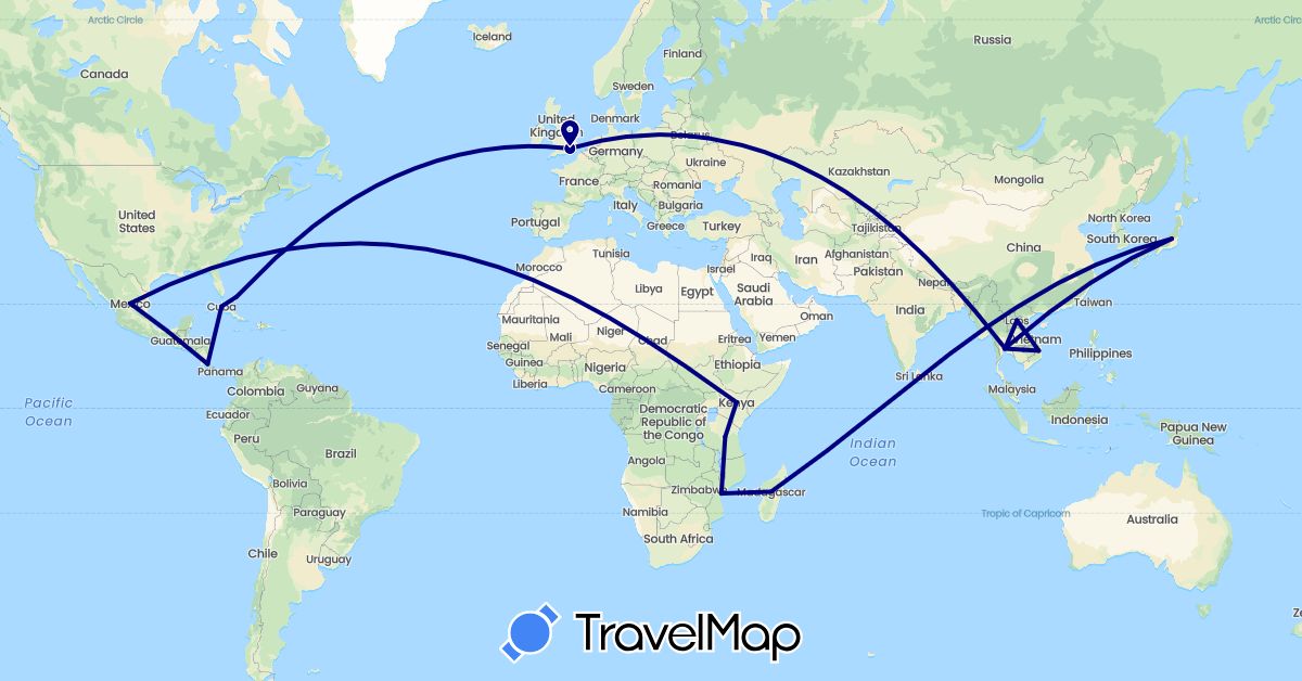 TravelMap itinerary: driving in Bahamas, Costa Rica, Cuba, United Kingdom, Japan, Kenya, Cambodia, Laos, Madagascar, Mexico, Mozambique, Thailand, Tanzania, Vietnam (Africa, Asia, Europe, North America)