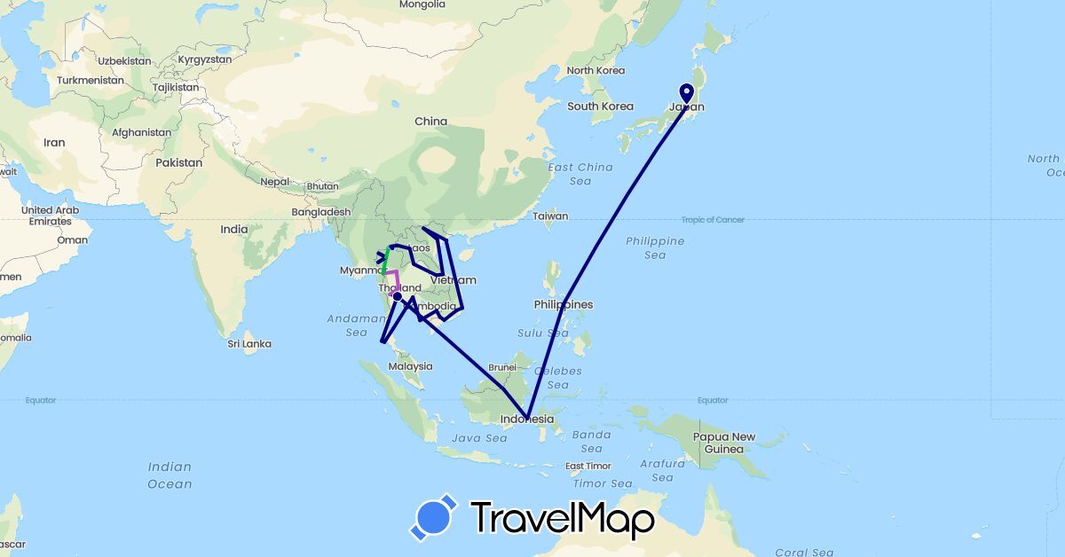TravelMap itinerary: driving, bus, train, boat in Indonesia, Japan, Cambodia, Laos, Philippines, Thailand, Vietnam (Asia)